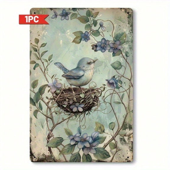 HELLOYOUNG Vintage Bird's Nest Spring Flowers Metal Wall Decor, 12x8 Inch 2D Flat Aluminum Iron Sign Hanging Art for Living Room Balcony