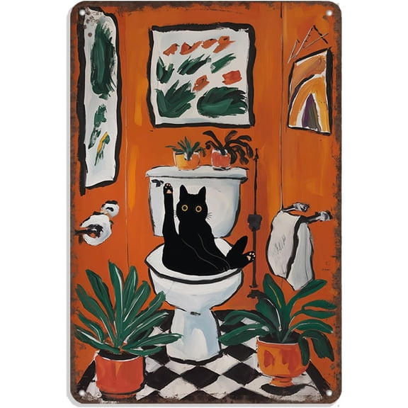 HELLOYOUNG Vintage Black Cat On Toilet Metal Sign Retro Bathroom Wall Art 8x12in Aluminum Funny Cat Decor Cute Orange Wall Decor