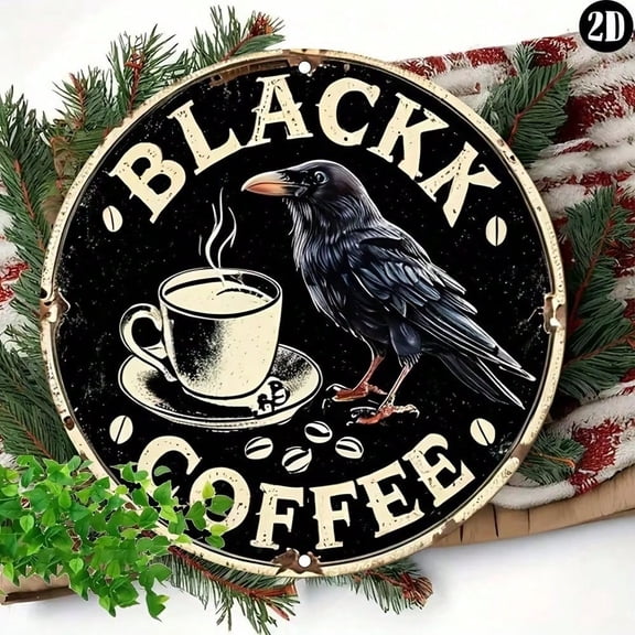 HELLOYOUNG Vintage Black Crow Coffee Metal Tin Sign - 2D Aluminum Wall Hanging, Imitation Relief Art Decor for Bar/Cafe/Garden/Farmhouse