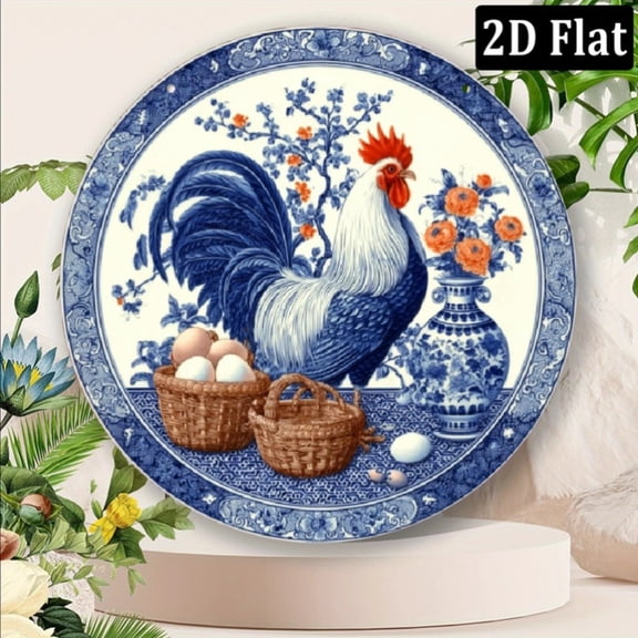 HELLOYOUNG Vintage Blue Rooster Metal Wall Art, 20x20cm Round Aluminum Farmhouse Plaque for Kitchen Home Decor, Rustproof Gift
