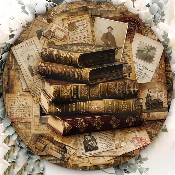 HELLOYOUNG Vintage Book Pile 2D Printed Metal Aluminum Sign, 7.87 Inch Round Wall Decor for Home, Library, Cafe - Rustproof Art Plate