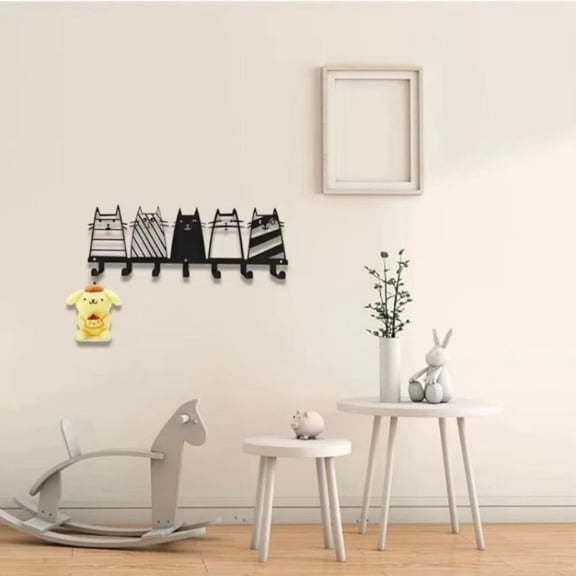 HELLOYOUNG Vintage Cat Wall Mounted Key Holder 7 Hooks European Iron Forged Metal Durable Metal Hook Holder Decorative & Functional for Hallway Home Entryway