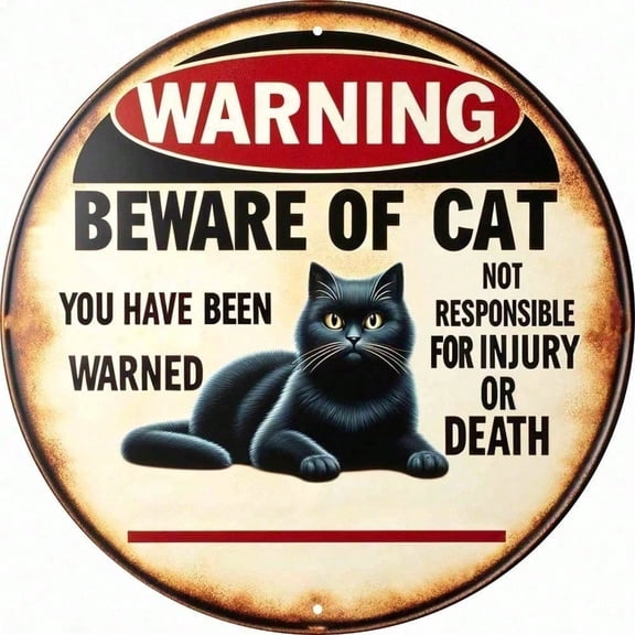 HELLOYOUNG Vintage Cat Warning Sign Metal Wall Decor 8 Inch Rustic Tin Plaque Round Antique Art for Home Bar Cafe Garden