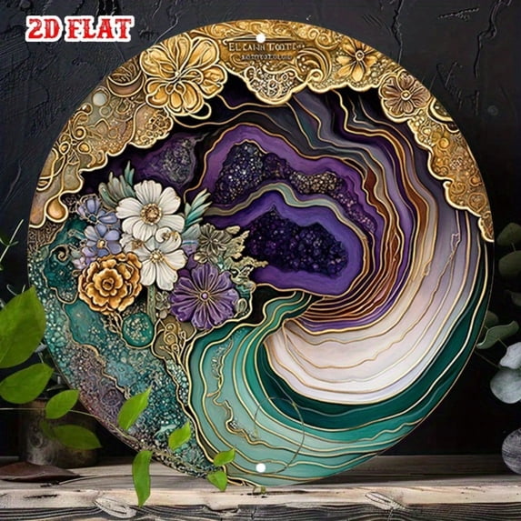 HELLOYOUNG Vintage Celestial Metal Wall Art Rustic Farmhouse Floral Design 2D Flat Round Aluminum Sign Frameless Wall Hanging Home Decor