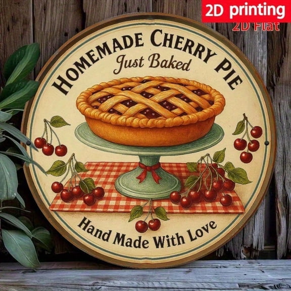 HELLOYOUNG Vintage Cherry Pie Metal Wall Decor 8 Inch Round Rustic Iron Art Sign Handmade 2D Country Hanging for Kitchen Home Decor