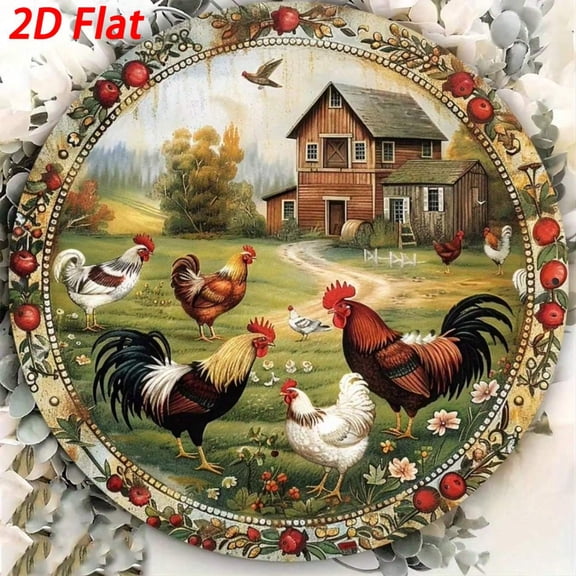 HELLOYOUNG Vintage Chicken Metal Wall Sculpture 8x8in Round Farmhouse Art for Living Room Bedroom Indoor Outdoor Halloween Christmas New Year Gift