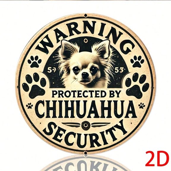 HELLOYOUNG Vintage Chihuahua Warning Metal Sign, Protected By Dog Security Round Iron Wall Decor, Rustic Pet Safety Plaque