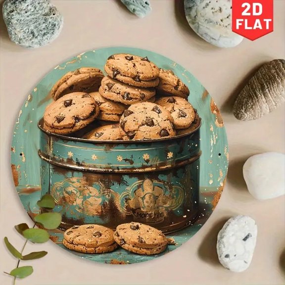 HELLOYOUNG Vintage Chocolate Chip Cookie Tin Sign Retro Metal Wall Art Teal Golden Farmhouse Kitchen Decor 1pc