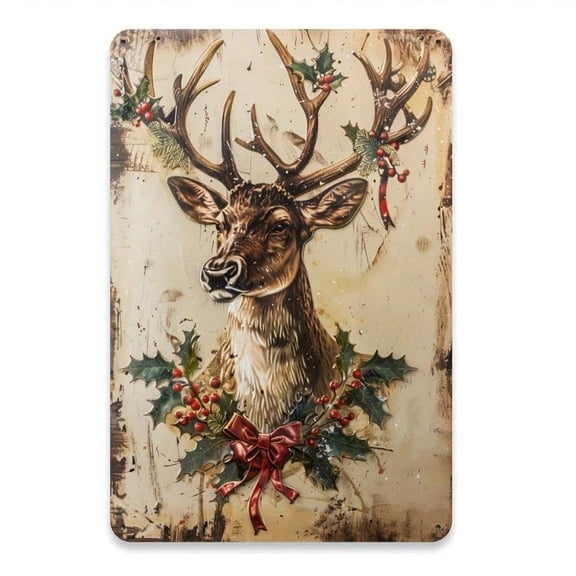 HELLOYOUNG Vintage Christmas Deer Metal Sign Wall Art, 8x12 Inches Rustic Home Decor Engraving, Holiday Plaque for Restaurant Bar Cafe Garage