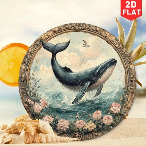 HELLOYOUNG Vintage Coastal Whale Rose Metal Wall Decor, 3D Ocean Theme Round 7.87" Art for Home, No Power Needed Gift