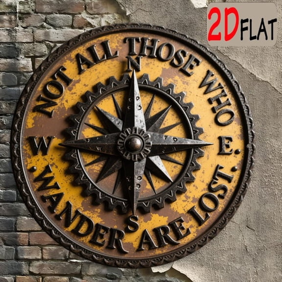 HELLOYOUNG Vintage Compass Metal Wall Art Sign, Not All Who Wander Are Lost Aluminum Round Decor for Home Living Room Bedroom, 7.8 Inch