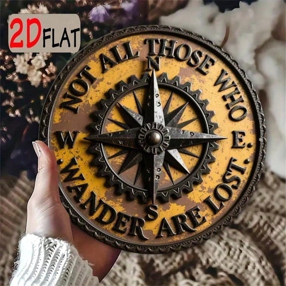 HELLOYOUNG Vintage Compass Wall Art 7.87 Inch Rustic Industrial Nautical Metal Decor Aluminum 2D Inspirational Quote Sign for Living Room Bedroom