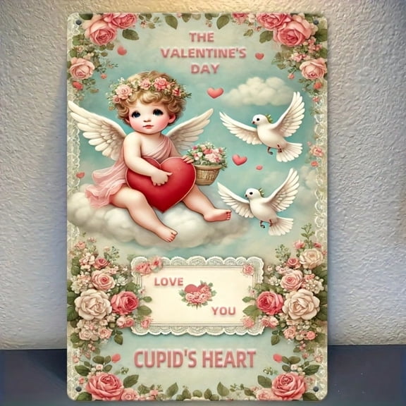 HELLOYOUNG Vintage Cupid Heart Metal Sign 8x12 Inch, Romantic Valentine Wall Art with Angel Doves, Farmhouse Tin Poster for Home Decor