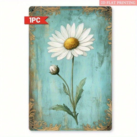 HELLOYOUNG Vintage Daisy Floral Metal Wall Art Sign, 12x8 Inch Rustic Aluminum Plaque with Teal Background Gold Accents, Retro Farmhouse Decor for Living Room