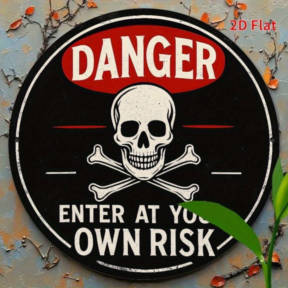 HELLOYOUNG Vintage Danger Skull Metal Sign, 19.81cm Round Iron Wall Art Red White for Home Office Garage Decor