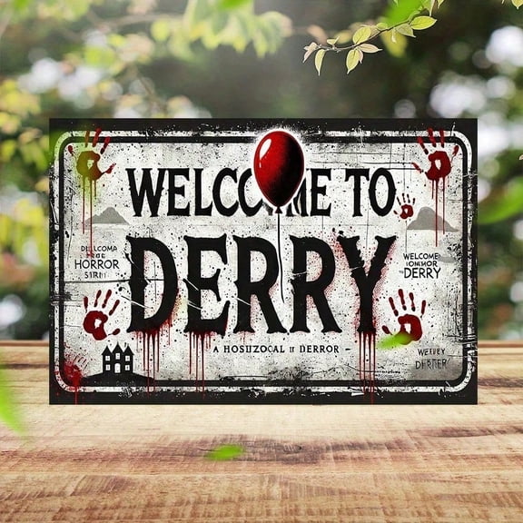 HELLOYOUNG Vintage Derry Metal Tin Sign Horror Wall Art Blood Splatters Handprints Creepy House Decor Gothic Rustic Pub Cave Bar