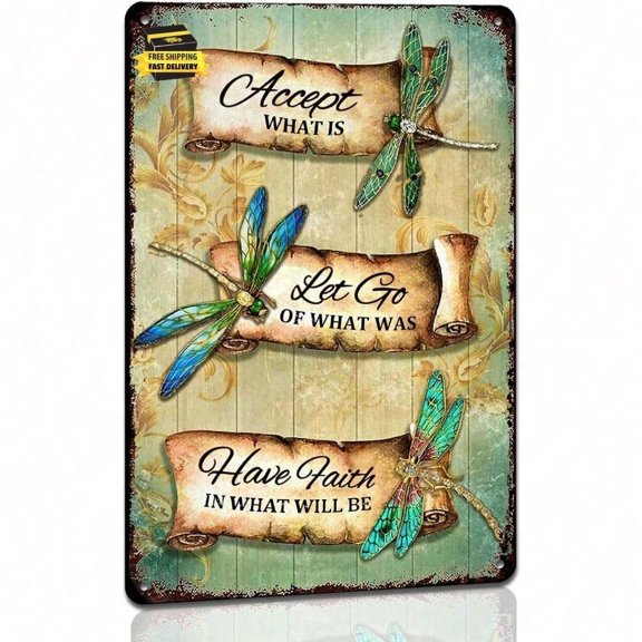 HELLOYOUNG Vintage Dragonfly Metal Wall Art Rustic Farmhouse Decor 8x12 Inches Accept What Is Quote Sign
