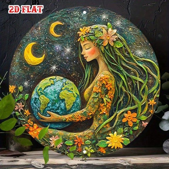 HELLOYOUNG Vintage Earth Goddess Metal Wall Decor Retro Round Tin Sign Sun Moon Stars Art for Living Room Bedroom Home
