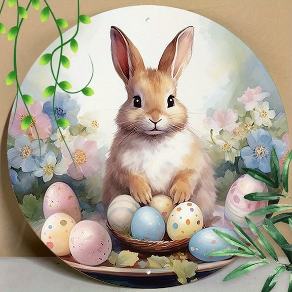 HELLOYOUNG Vintage Easter Bunny Metal Tin Sign Round Spring Floral Eggs Wall Art Home Decor Farmhouse