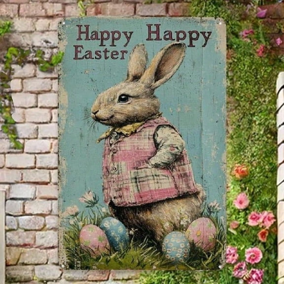 HELLOYOUNG Vintage Easter Bunny Metal Tin Sign Rustic Spring Farmhouse Wall Decor Happy Bunny Plaid Vest 8x12 Inch Outdoor Garden