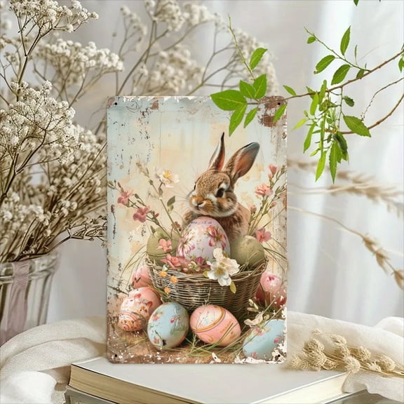 HELLOYOUNG Vintage Easter Bunny Tin Sign 8x12 Inch Rustic Metal Wall Decor for Home Cafe Garden, Easter Bunny Wall Art with Hangers for Indoor Outdoor Decor