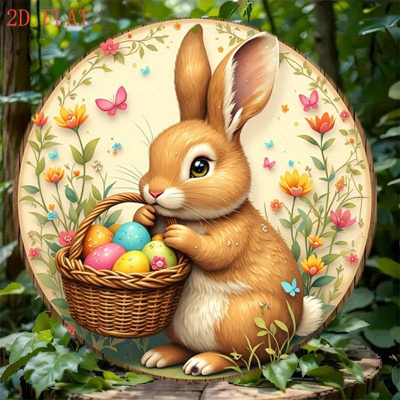HELLOYOUNG Vintage Easter Bunny Wooden Wall Decor Round Floral Rustic Farmhouse Sign for Spring Home Ornament