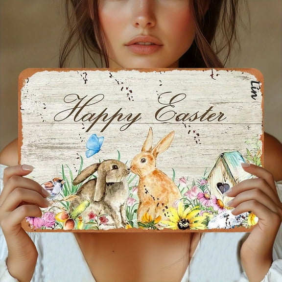 HELLOYOUNG Vintage Easter Metal Sign Rabbit Flower Decor 8x12 Inch Farmhouse Wall Art Rustproof Hanging Plaque