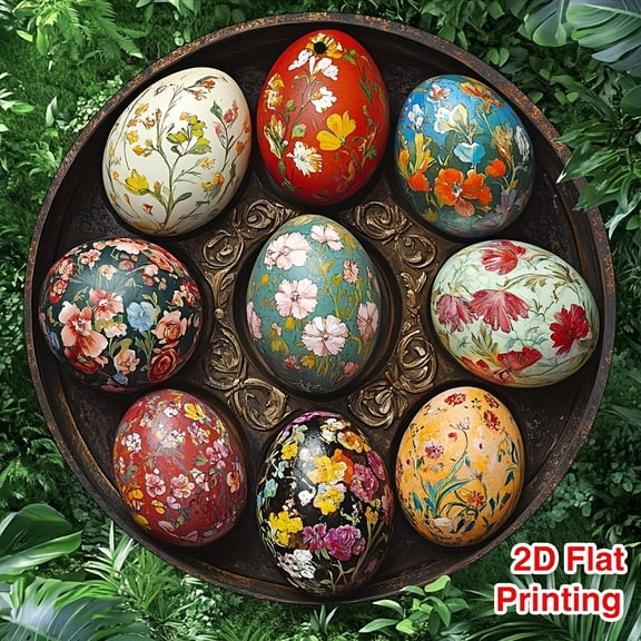 HELLOYOUNG Vintage Easter Metal Sign Round Floral Egg Decor 8 Inch Wall Art Hanging Rustic Farmhouse Decor for Home Kitchen Bar