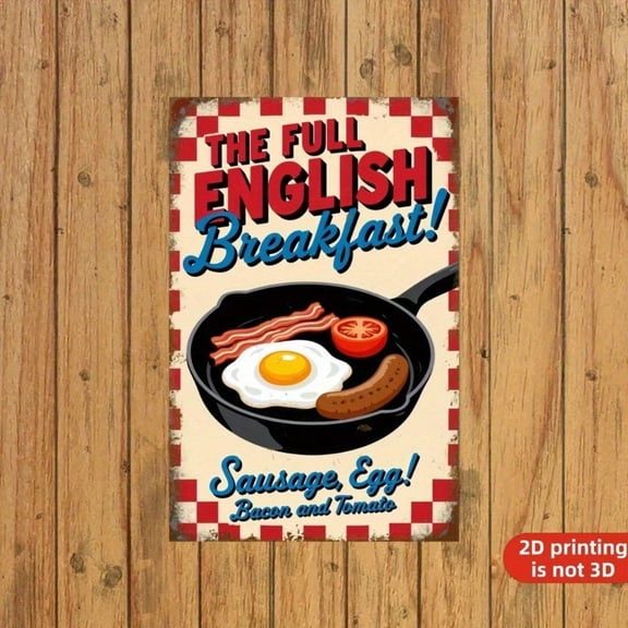HELLOYOUNG Vintage English Breakfast Tin Sign Wall Art, 2D Flat Retro Kitchen Decor with Sausage Egg Bacon Tomato Print for Restaurant