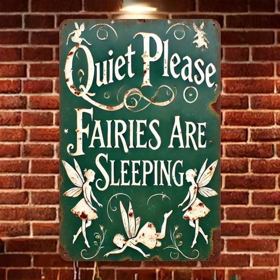 HELLOYOUNG Vintage Fairy Sleeping Metal Wall Sign, Quiet Please Fairies Sleeping, Whimsical Green & White Iron Decor with Fairy Silhouettes, Rustic Bedroom Decoration for Home Office Cafe Halloween C