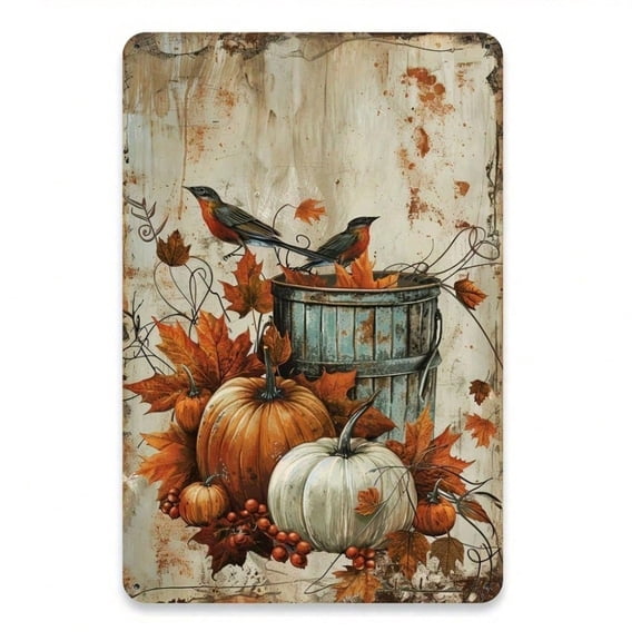 HELLOYOUNG Vintage Fall Harvest Metal Sign Rustic Pumpkin Bird Farmhouse Wall Art 8x12 Inch Indoor Outdoor Garden Cafe Decor Durable