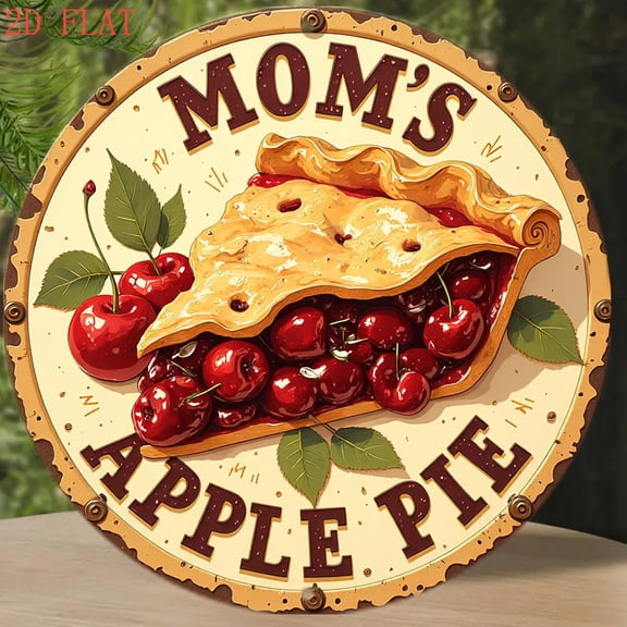 HELLOYOUNG Vintage Farmhouse Metal Wall Art, 8In Round Rustic Kitchen Decor with Mom Apple Pie Cherries, Durable Aluminum Sign for Indoor Outdoor