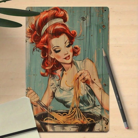HELLOYOUNG Vintage Female Chef Spaghetti Metal Sign 8x12 Inch Rustic Iron Wall Decor Durable Kitchen Art Plaque