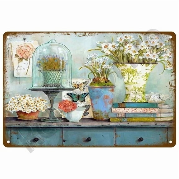 HELLOYOUNG Vintage Floral 2D Metal Garden Sign - Handcrafted Rustic Wall Art for Outdoor Home Decor, Botanical Hanging Plaque for Café & Resort