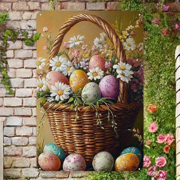 HELLOYOUNG Vintage Floral Easter Eggs Spring Rustic Tin Sign Wall Art Decor for Farmhouse Living Room Bedroom Kitchen