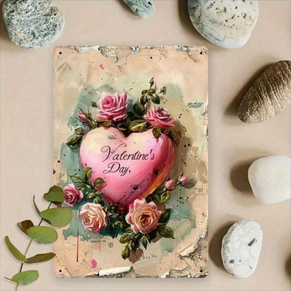 HELLOYOUNG Vintage Floral Heart Iron Wall Art, Rustic Romantic Metal Sign for Living Room Bedroom, Pink Rose Bouquet Home Decor, Unique Gift 20x30 Cm