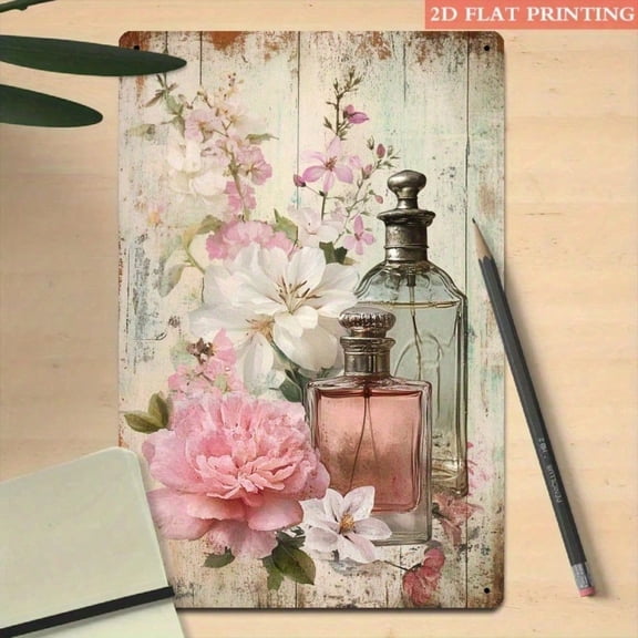 HELLOYOUNG Vintage Floral Metal Wall Art Set 8x12 Inch - Hand-Painted Iron Perfume Bottle Rustic Blush Pink White Wall Decor for Living Room