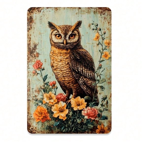HELLOYOUNG Vintage Floral Owl Wall Art, Rustic Metal Sign for Farmhouse Bedroom Cafe Bar Decor, 8x12 Inch Easy Hang