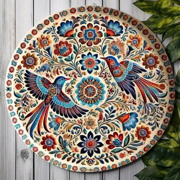 HELLOYOUNG Vintage Floral Round Metal Wall Art, Handcrafted Iron Plate Foliage Design for Home, Bar, Cafe, Mexican Style Rustic Decor