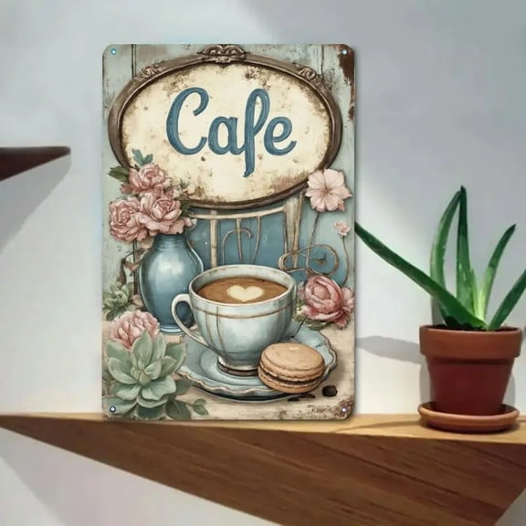 HELLOYOUNG Vintage French Country Coffee Wall Sign, Shabby Chic Turquoise Floral Rustic Iron Hanging Art for Kitchen Decor, Blue Pink