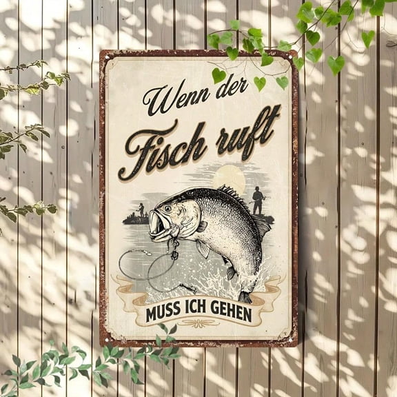 HELLOYOUNG Vintage German Fishing Hook Metal Wall Decor, Large Fish Illustration, Rustic 2D Flat Iron Art, Sturdy Durable Retro Sign for Home Decoration DIY Gift for Men