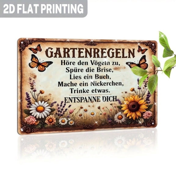 HELLOYOUNG Vintage German Gartenregeln Metal Sign Rustic Garden Rules Wall Art with Butterfly Sunflower Decorative Tin Sign for Outdoor Garden Patio Decor
