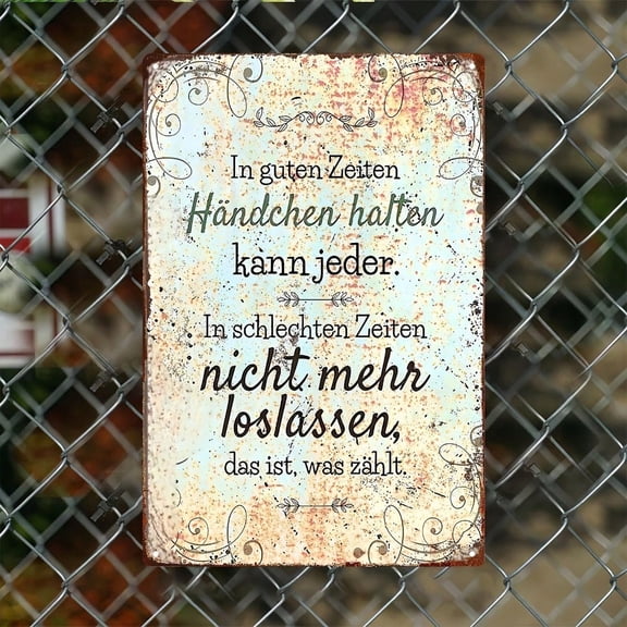 HELLOYOUNG Vintage German Metal Wall Art Easter Plaque, Good Times Hand in Hand Bad Times Never Last Sign, Rustic 8x12 Inch Decorative Tin Sign for Farmhouse Patio Garage