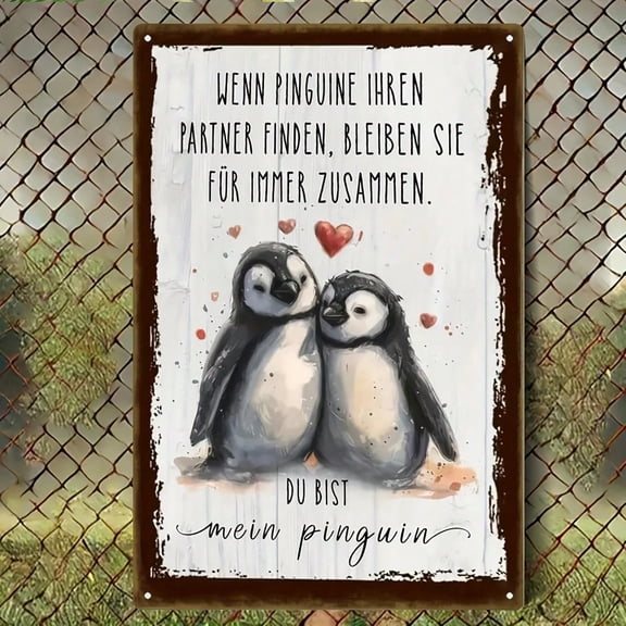 HELLOYOUNG Vintage German Penguin Metal Wall Sign, Rustic Couple Plaque with "Du Bist Mein", Cute 2D Easter Decor, Reusable Rustic Hanging Art for Home