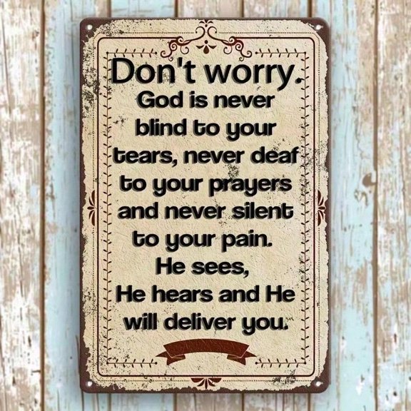 HELLOYOUNG Vintage God Is Never Blind Metal Wall Art, 8x12 Inches Rustic Steel Sign, Inspirational Home Decor Motivational Quote Gift for Living Room