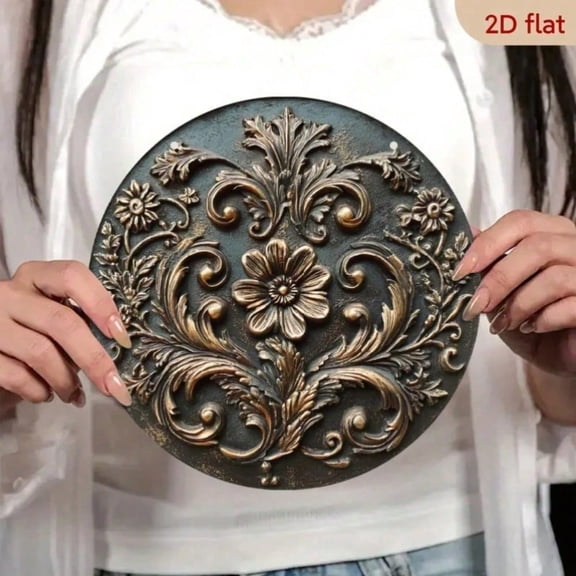 HELLOYOUNG Vintage Gold Floral Scroll Round Wall Art, 2D Rustic Aluminum Metal Decor For Home Garden Cafe Sign Aluminum Painted Decorative Board Sign