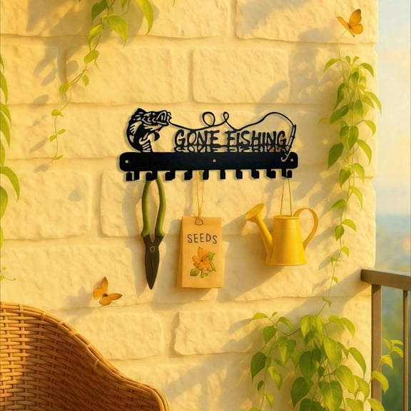 HELLOYOUNG Vintage Gone Fishing Cute Fish Key Storage Rack Industrial Wall Hook Black Metal Hanger Entryway Bedroom Farmhouse Decor Xmas Halloween New Year Gift