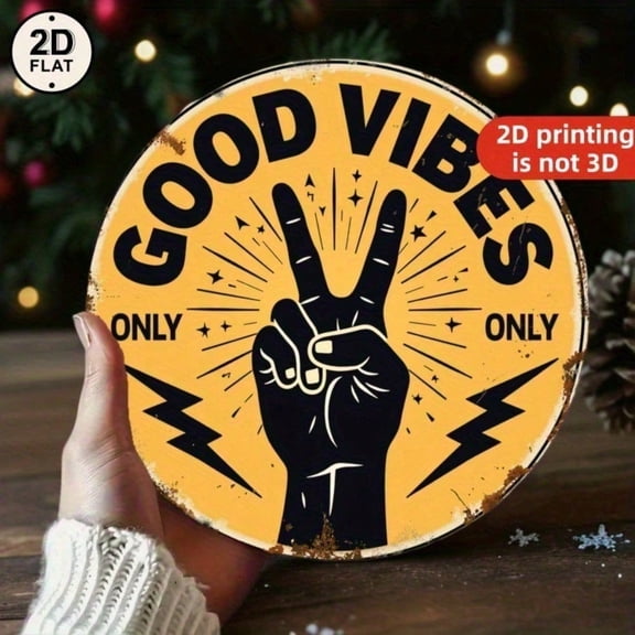 HELLOYOUNG Vintage Good Vibes Metal Wall Sign 8x8 Inch Round Hippie Retro Decor Peace Hand Lightning Bolt Plaque