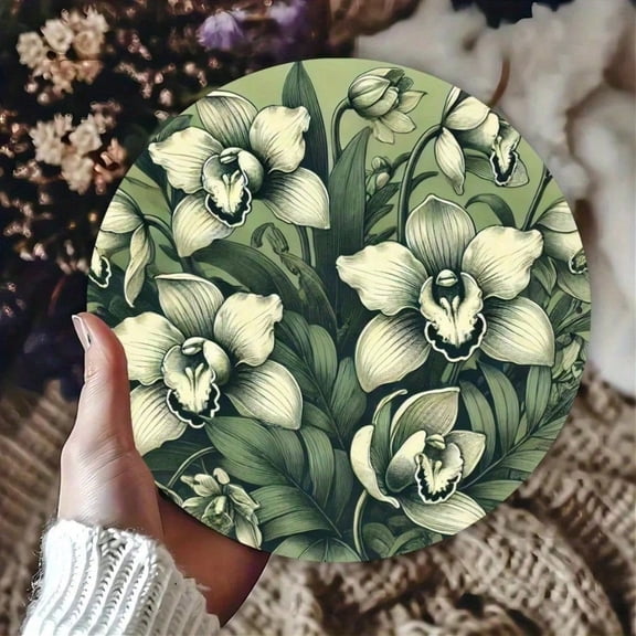 HELLOYOUNG Vintage Green Floral Round Wall Art 7.8 Inch Rustic Iron Metal Plaque Foil Engraving Retro Wall Decor for Living Room