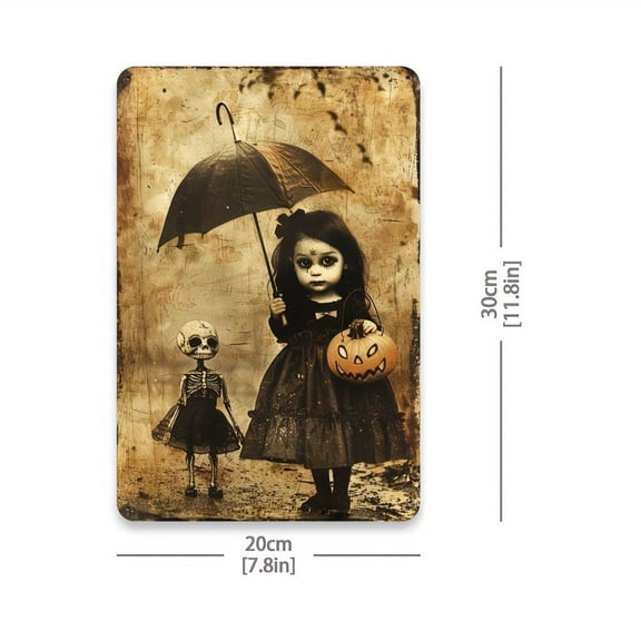 HELLOYOUNG Vintage Halloween Pumpkin Girl Metal Wall Art, 8x12 Inch Rustic Tin Sign for Home Garden Cave Decor, Spooky Farmhouse Outdoor Decoration